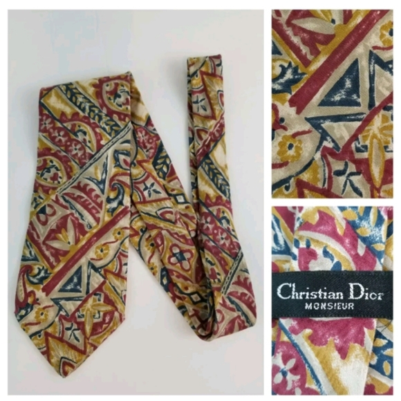 Christian Dior Silk Tie Mustard Dark Pink Blue - Picture 1 of 8